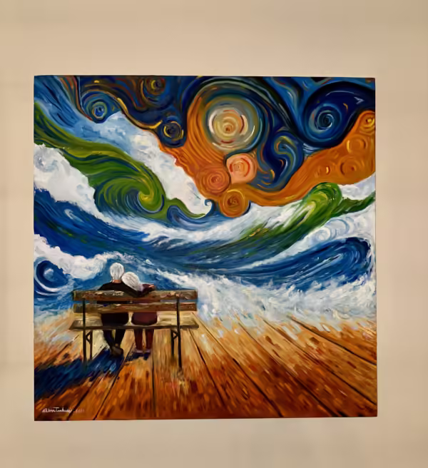What an incredible piece ! The Old couple's embrace is radiating warmth and comfort. Overhead, ominous dark clouds loom, representing the myriad struggles they have faced together. The stormy clouds hint at trials and tribulations—perhaps illness, loss, and hardship—that once darkened their skies. Yet, the couple’s serene cuddle and intertwined arms reveal their resilience and unwavering bond. The turbulent sky is a testament to their endurance, illustrating how they weathered life's storms through mutual support and love. This incredible visual narrative beautifully captures the essence of their enduring relationship, standing strong against the shadows of their past