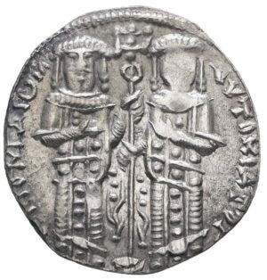 Andronicus II Palaeologus coin, Michael IX Basilikon, Byzantine silver coin, AR Basilikon Constantinople, SB 2402, Byzantine Empire coin, ancient silver coin, medieval coin, Byzantine numismatics, Constantinople mint coin, Andronicus II silver Basilikon, Michael IX coin, authentic Byzantine coin, rare ancient coin, historical silver coin, House of Emirates®, Byzantine collectible, medieval silver currency, Roman Empire coin, Christian Byzantine coin