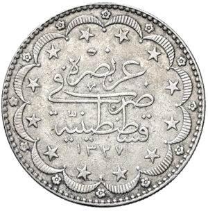 Ottoman coin, 20 Kurush, Mehmed V coin, Ottoman silver coin, Constantinople mint, Istanbul mint coin, 1327 AH coin, Year 8 coin, 1916 coin, 1917 coin, Ottoman Empire currency, Islamic coinage, silver kurush, rare Ottoman coin, collectible coin, numismatic investment, historical coin, Turkish coin, antique silver coin, empire coin, tughra coin, Sultan Mehmed V, world coins, coin collectors, precious metal coin, vintage coin, heritage asset, rare silver coin, investment grade coin, Middle East coins