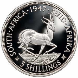 1947 South Africa Silver 5 Shillings featuring King George VI