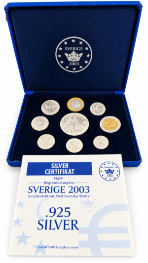 Sweden 2003 Silver Euro Pattern 9-Coin Set, 925 Sterling Silver